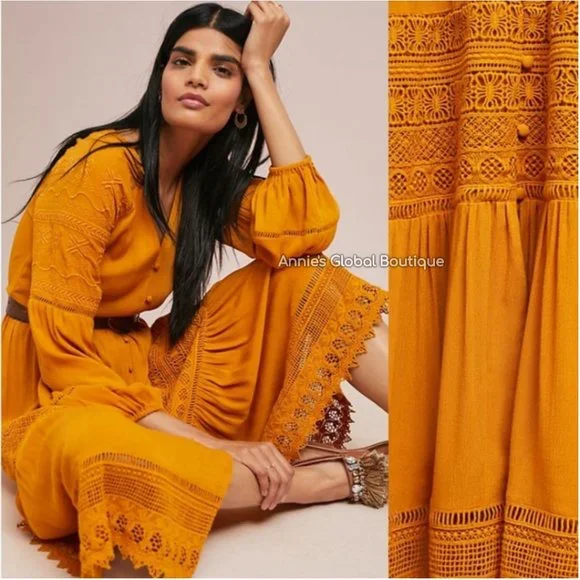 RARE NWT ANTHROPOLOGIE Golden Peasant Embroidered Maxi Dress. Size 4 - Picture 10 of 16